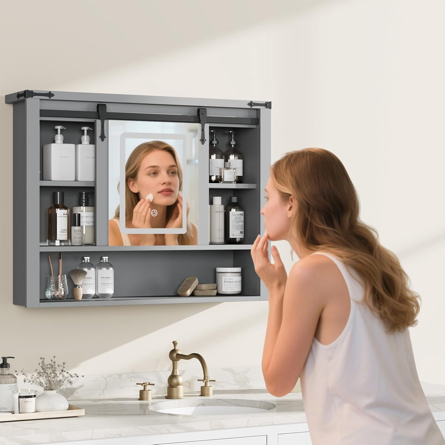 Vecenuy White Bathroom Wall Cabinet with Mirror, 3 Lighting Modes, Adjustable Brightness, Jewelry Holder, Sliding Door, Over Toilet Storage, Grey
