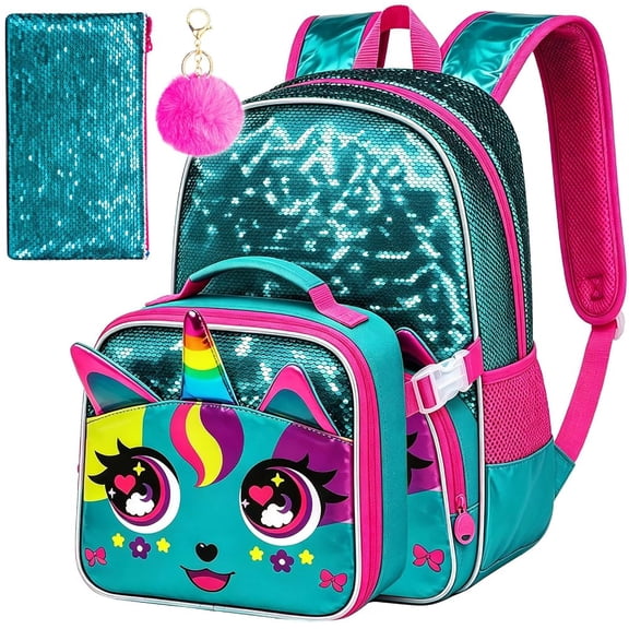 3Pcs Unicorn Backpack for Girls, 16 Inch Reversible Sequin Backpacks Set with Hangable Lunch Box, Kids School Bookbag for Elementary Preschool Kindergarten (Green)