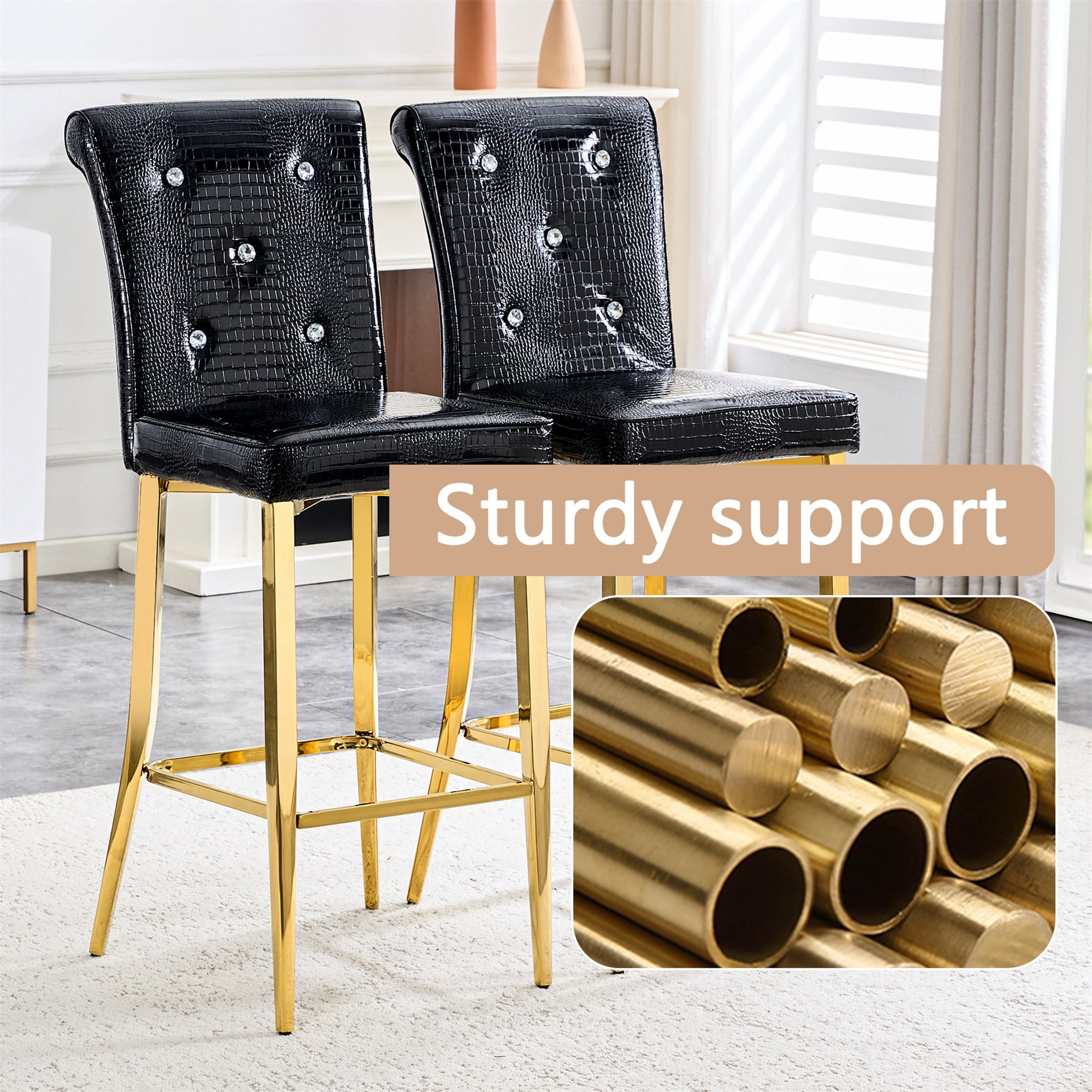 Alvantor Bar Stools Set of 2 Vintage Leather Bar Stools with Crystal Clasp Counter Stool Chairs for Kitchen Island Black