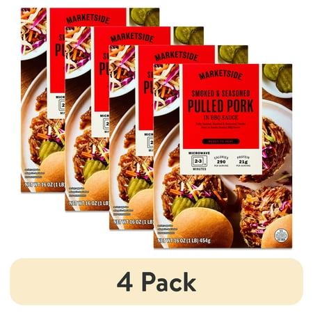 (4 pack) Marketside Ready to Heat Smoked & Seasoned Pulled Pork in BBQ Sauce Packaged Meal, 16 oz