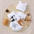 thumbnail image 3 of Kucnuzki Newborn Baby Boy Clothes 0 Months Summer Jumpsuit Bodysuit 1 Months Short Sleeve Bear Print Round Neck Triangle Romper Bodysuit Hat 2PCS Set White, 3 of 9