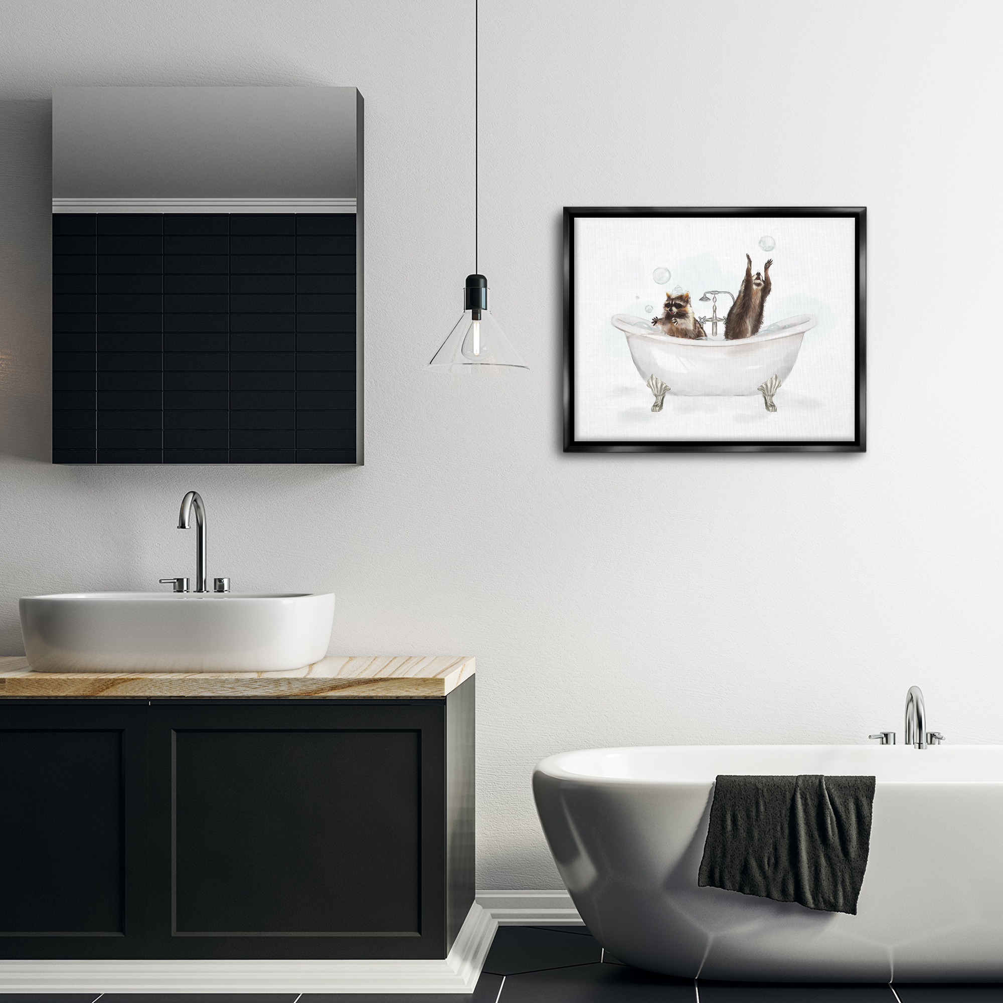 Stupell Industries Raccoons Catching Bubbles Typography Painting Black Floater Framed Canvas Art Print Wall Art, 31 x 25