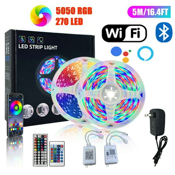 Bluetooth and WIFI Dual Model LED Light, 16.4ft/5M 5050 RGB with  270LEDs LED Rope Lights, Flexible Strip Lighting for Indoors Halloween Christmas Decoration