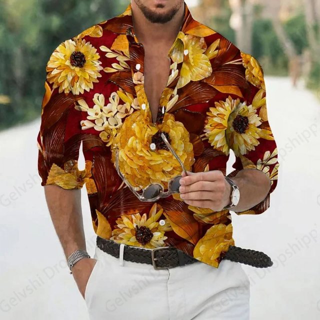 Camisas hawaianas de manga larga con estampado 3D de margaritas y flores, camisas de playa para hombre, camisas de moda, blusas con solapa, blusas de un solo pecho, ropa de calle