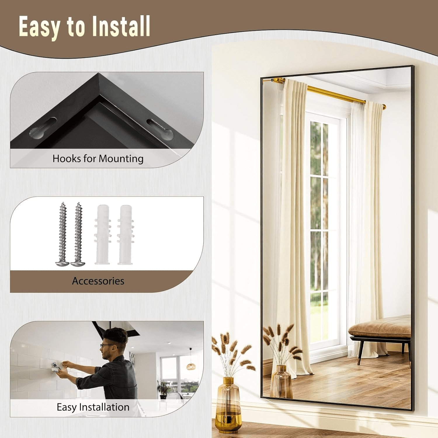Lumora 76"x34.1" Full Length Floor Mirror Rectangular Freestanding Leaning Wall-Mounted Mirror, Black