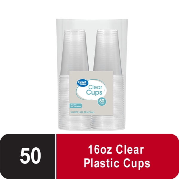 Great Value Everyday Disposable Plastic Cups, Clear, 16 oz, 50 count