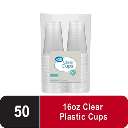 Great Value Everyday Disposable Plastic Cups, Clear, 16 oz, 50 count