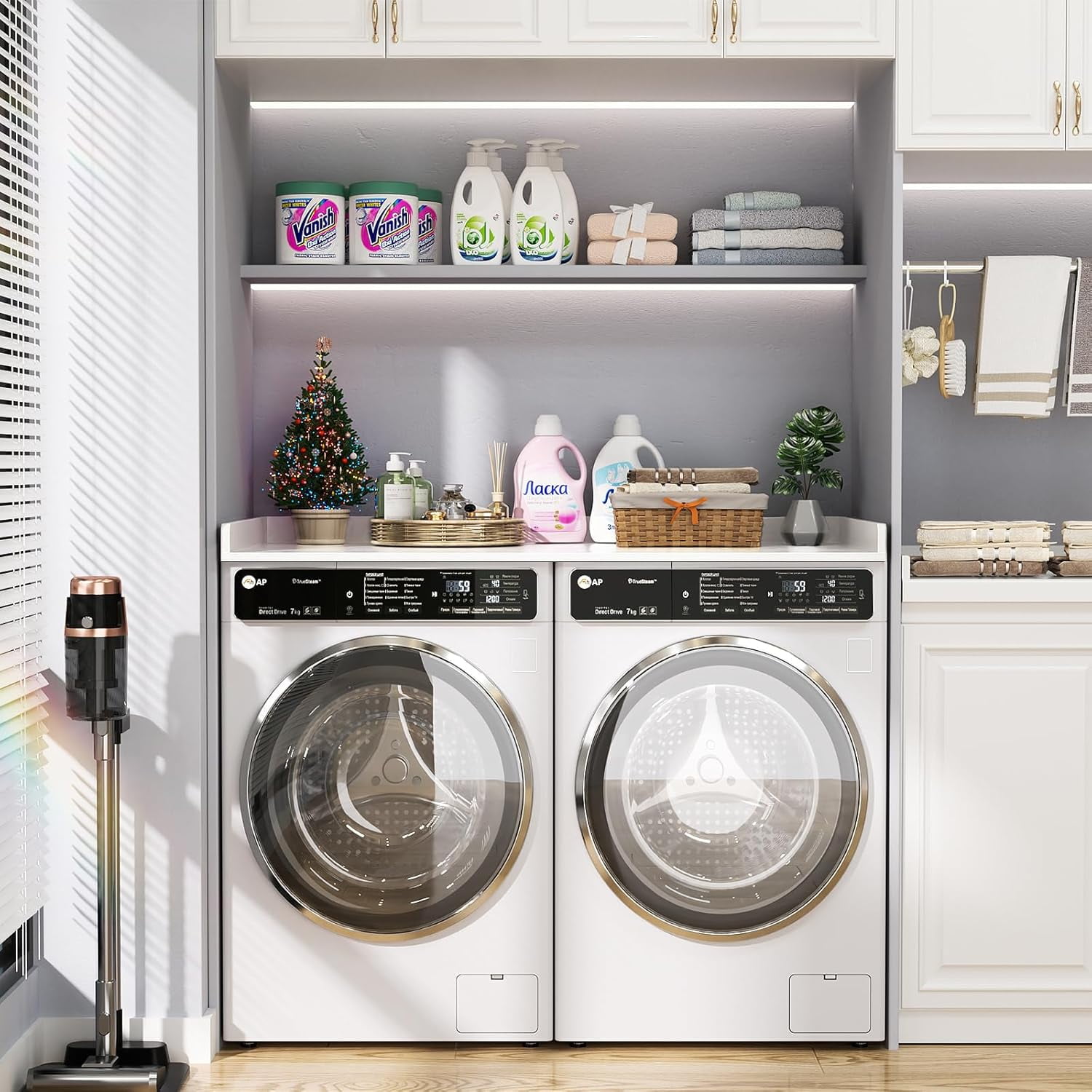 Homieasy Washer and Dryer Countertop, Laundry Room Organization with Non-Slip Pads, Wood Shelf Topper with Round Corner Edge Rails, Laundry Folding Organizer for Laundry, White