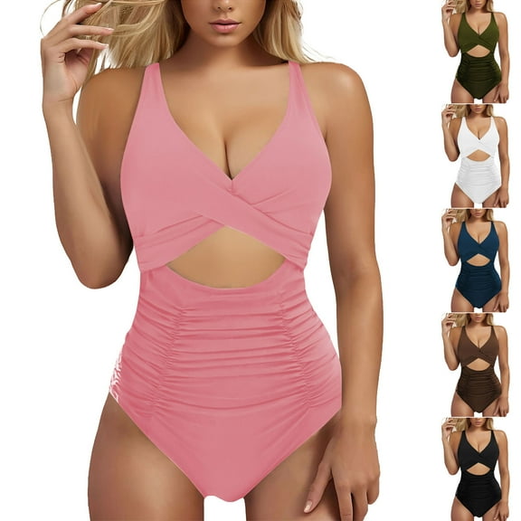 Bpmpbo Summer Women's Solid Color One-Piece Swimsuits With Push Up Abdominal Control Swimsuit on Clearance