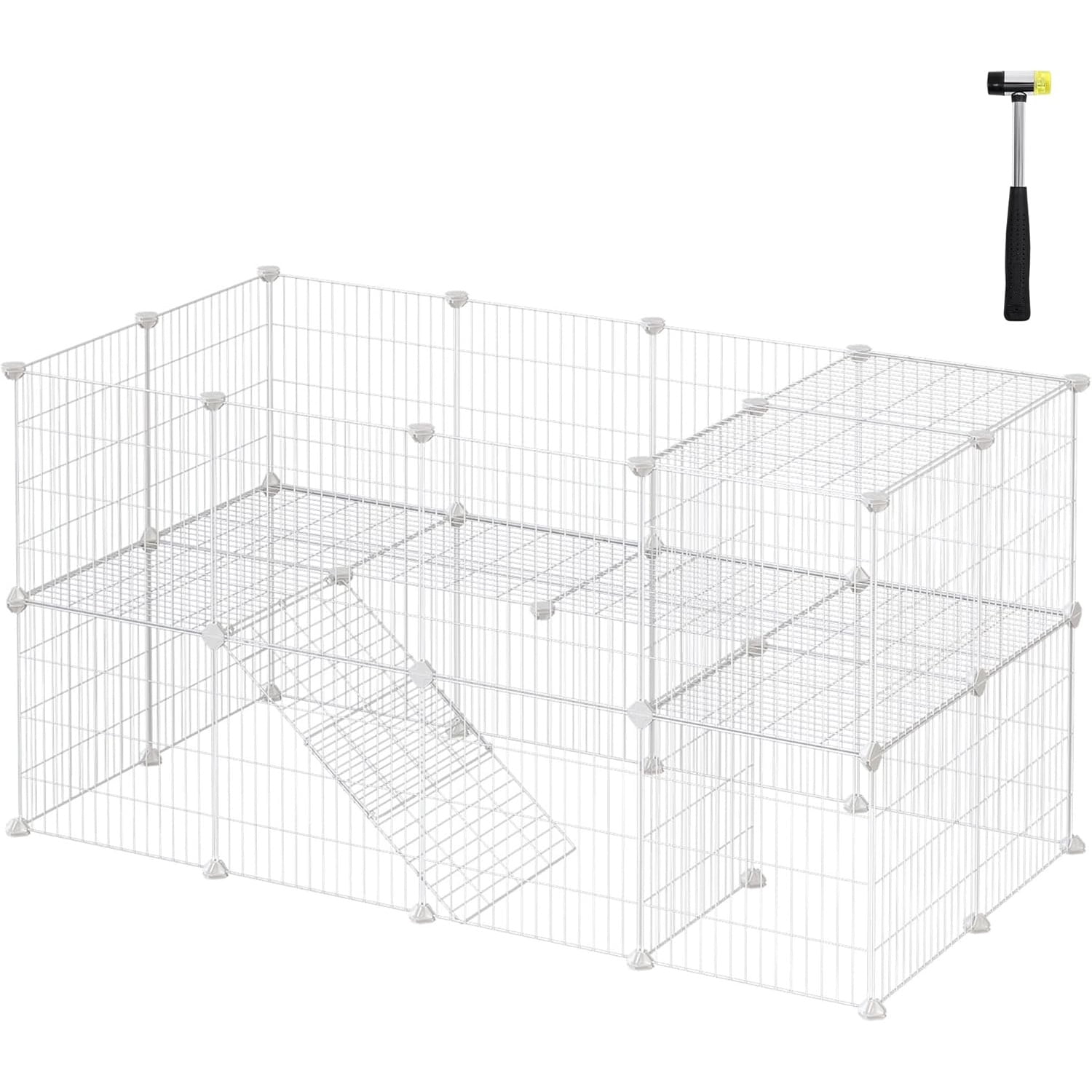 36 Panels Pet Playpen, Small Animal Playpen, Rabbit Guinea Pig Cage, Zip Ties Included, Metal Wire Apartment-Style Two-Story Pet Premium Villa for Bunnies Puppies, Indoor Use, White