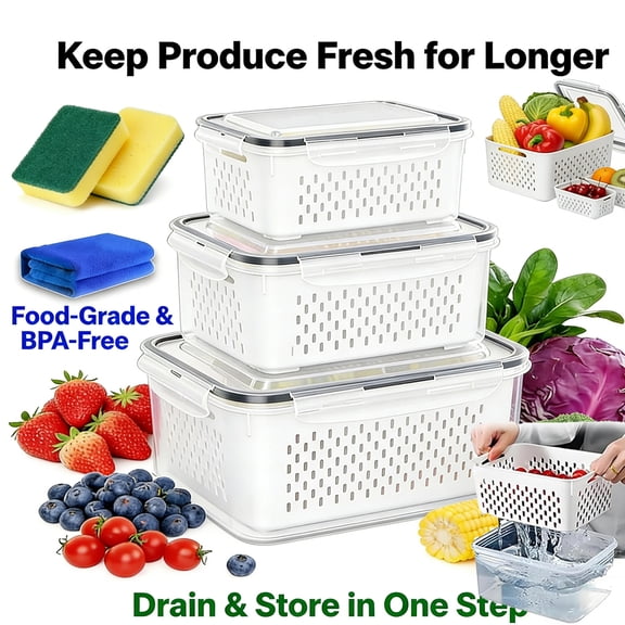 Fruit Storage Containers for Fridge Ventilated, 4 in 1 Fruit Storage Containers Including Drain Basket, Multipurpose Large Containers for Vegetables - S
