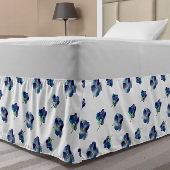 Floral Bed Skirt, Watercolors Painted Violet Flowers Pattern Blooms Spring Nature Theme, Elastic Bedskirt Dust Ruffle Wrap Around for Bedding Decor, 4 Sizes, Turquoise Navy Blue, by Ambesonne