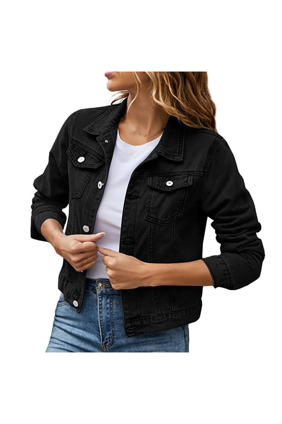 Clearance! Women's Denim Jackets Solid Color Long Sleeve Lapel Collar Button Cropped Denim Jacket Casual Classic Vintage Wash Denim Top with Pocket Jean Blouson Coat