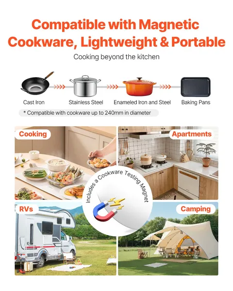 Portable Induction Cooktop 1500W Electric Burner 9 Temperature Settings 4H Timer 24H Reservation Child Lock Easy Clean Countertop Hot Plate