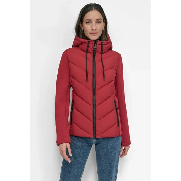 DKNY Women's Puffer Jacket, Lightweight, Hooded, Full Zip, Red, Large