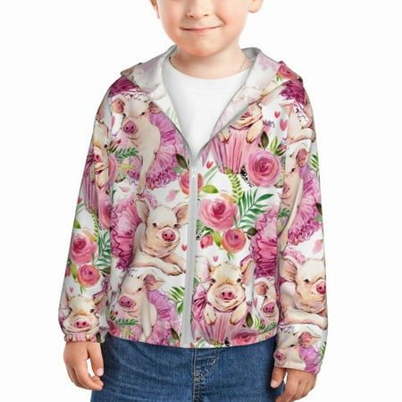 

Rash Guard for Boys Girls - Watercolor Pig Lightweight Long Sleeve Sun Protection Jacket Hooded Cooling Swim Shirt with Zipper for Toddler Kids Children