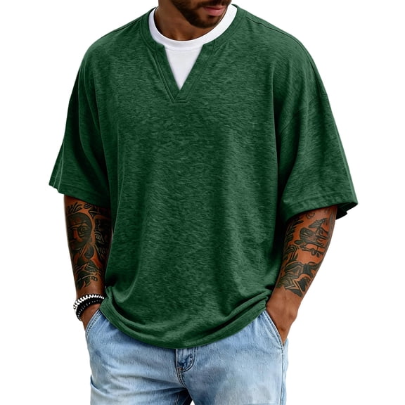 Dresfit Mens T Shirts Big and Tall V Neck Henley Shirts 2026 Summer Short Sleeve Vintage Shirt Plain Lightweight Breathable Sweatshirts XL