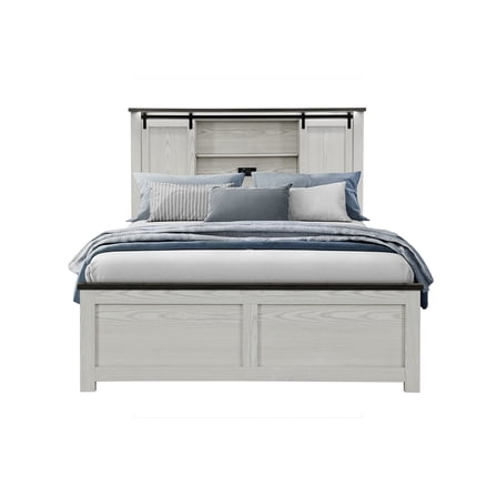 Ava Beige Solid and Engineered Wood Bookcase Headboard Queen Bed