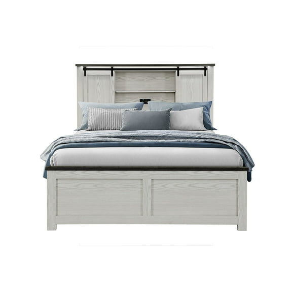 Ava Beige Solid and Engineered Wood Bookcase Headboard Queen Bed
