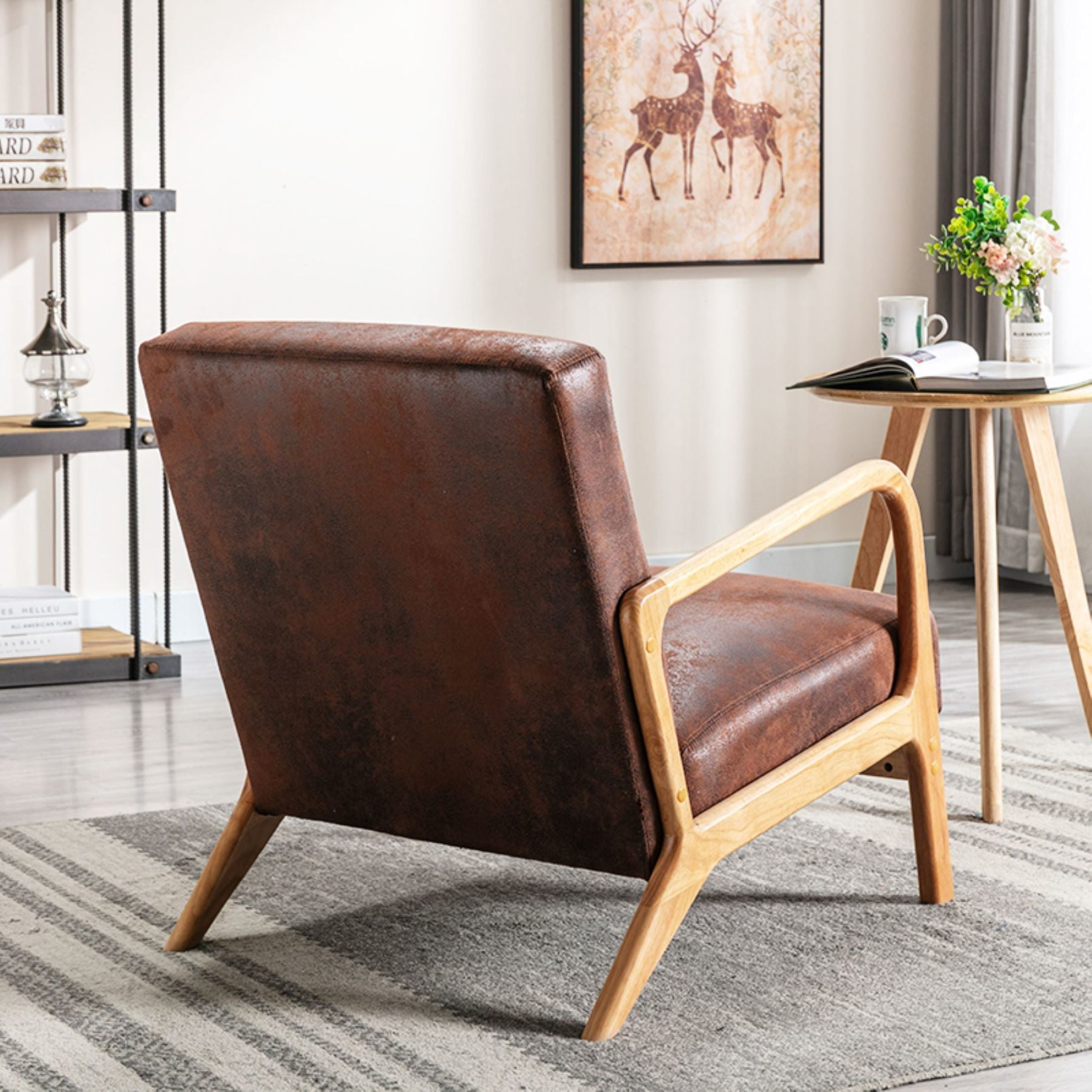 GDF Studio 32.7" Mid-Century Modern Accent Chair with Open Wood Frame, Microfiber Upholstery, Brown