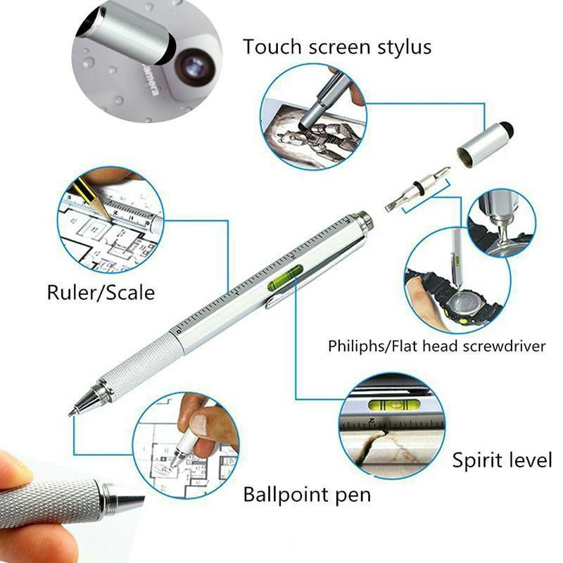 All-in-One Tech-Tool Pen with Ink Refills 6 in 1 Tool with Ballpoint Pen 2×Yellow + 5×Refills Touch Screen Stylus Spirit Level Multifunction Tool Pen Ruler Flat-head and Phillips Screwdriver 
