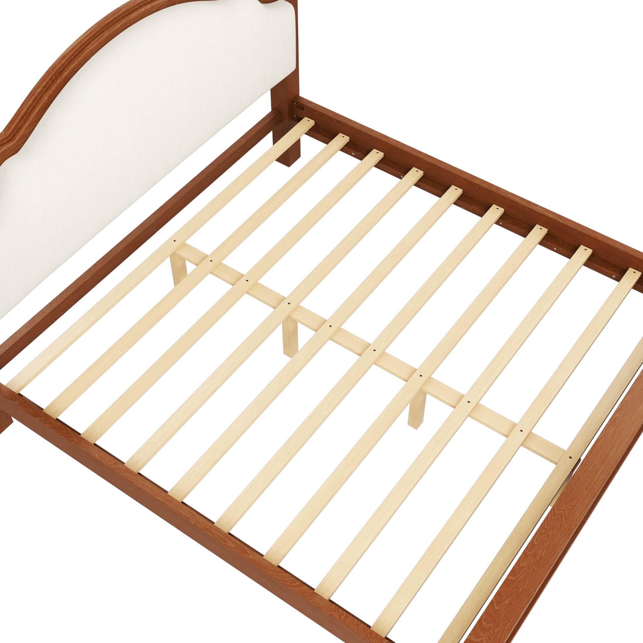 Noble House Caldon Queen Size Platform Bed, Pine Wood Frame with Curved Upholstered Headboard, Beige and Brown