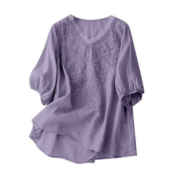 SHITINN Women's Solid Color V Neck Literary Five Quarter Sleeve Top Short Sleeve Blouses Women Summer Top Womens Tops