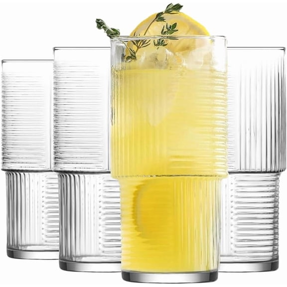 LAV Vintage Soft Drink Glass Set of 4-17.4 oz Ribbed Highball, Iced Tea, Iced Coffee