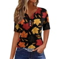 thumbnail image 5 of Minjewel Womens T Shirts Casual V Neck Short Sleeve - Fall Leaves Print Button Detail, T Shirts for Women Seasonal Graphic Tee, Summer Tops for Women for Autumn,Earthy Yellow L, 5 of 6
