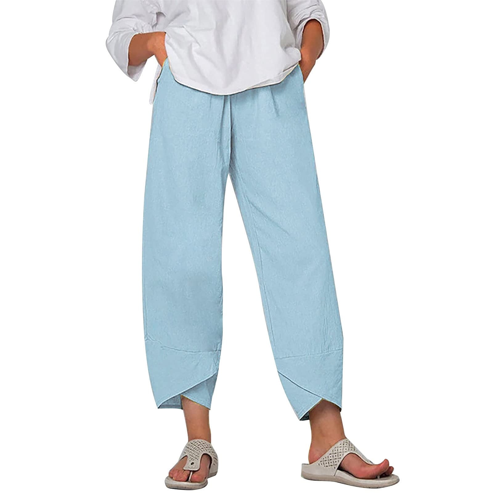 Wide Leg Pants Women's Elastic Waist Casual Cotton Linen Pull On Relax Fit  Lantern Pants Loose Harem Cropped Trousers - Walmart.com