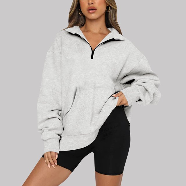 ICHUANYI liquidación moda mujer Casual sólido cremallera cuello vuelto manga larga sudadera Tops blusa con bolsillo ICHUANYI WER202308255798
