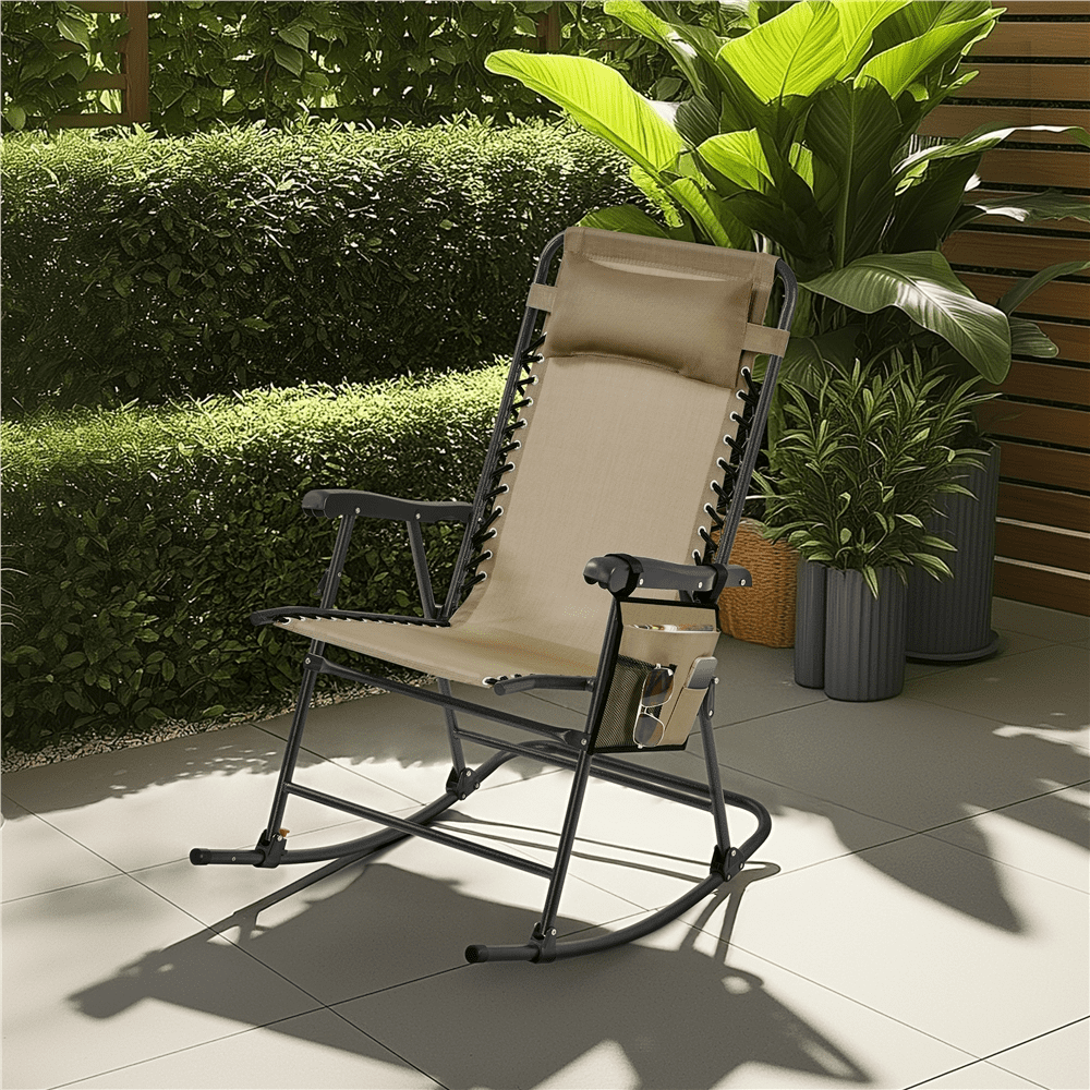 Renwick Outdoor Rocking Lounge Chair with Headrest Pillow, Beige