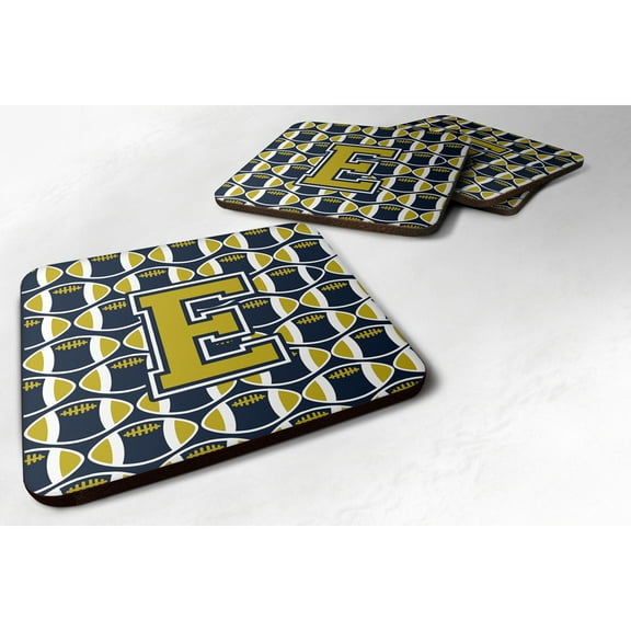 Carolines Treasures CJ1074-EFC Letter E Football Blue and Gold Foam Coaster Set of 4 3 1/2 x 3 1/2 multicolor