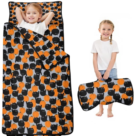 Halloween Black Cat Pumpkin Pattern Toddler Nap Mats for Kids Preschool,50"x20" Sleeping Mat Bag or Kids,Toddler Sleeping Bag,Toddler Nap Mat or Daycare