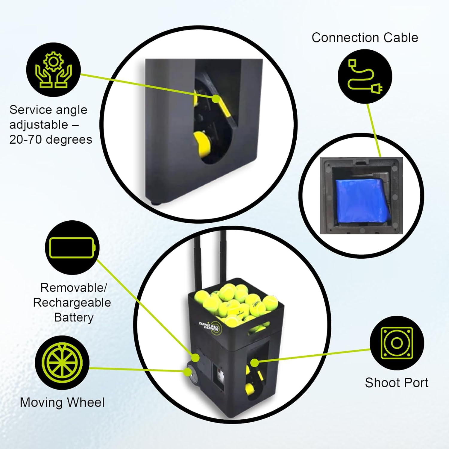 Tennis Ball Cannon Portable Tennis Ball Machine (Only Weighs 22lbs) - Dual Motor for Top Spin and Backspin, 50+ Balls, Max 45MPH, 4+ Hours Play with Rechargeable Lithium Battery