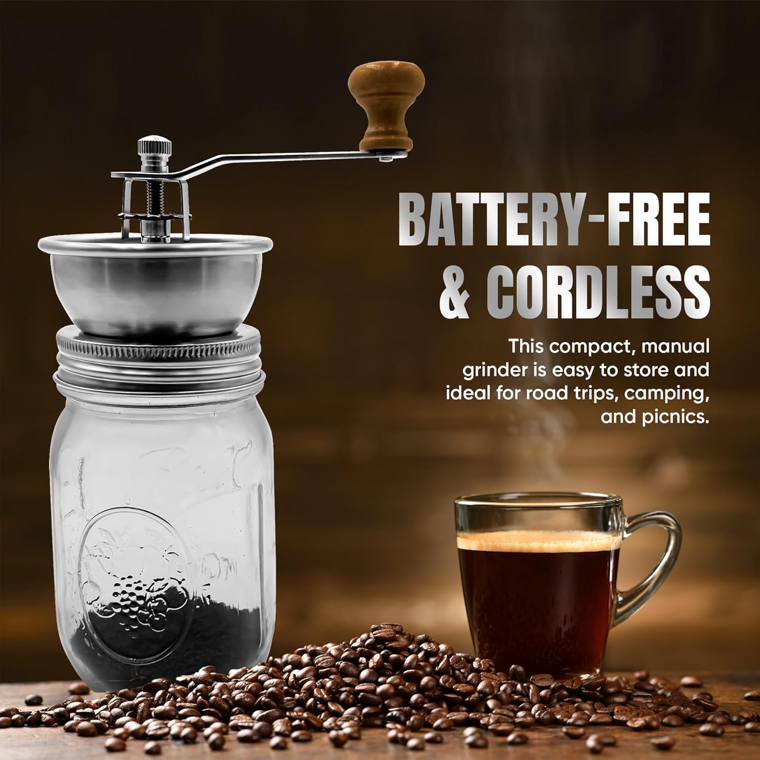 Stainless Steel Coffee Grinder Lid Attachment for Regular Mouth Mason Jars - Manual Crank Burr Grinder for Fresh Coffee, Ideal for Camping, Home Barista, Rust Proof Ceramic Mechanism