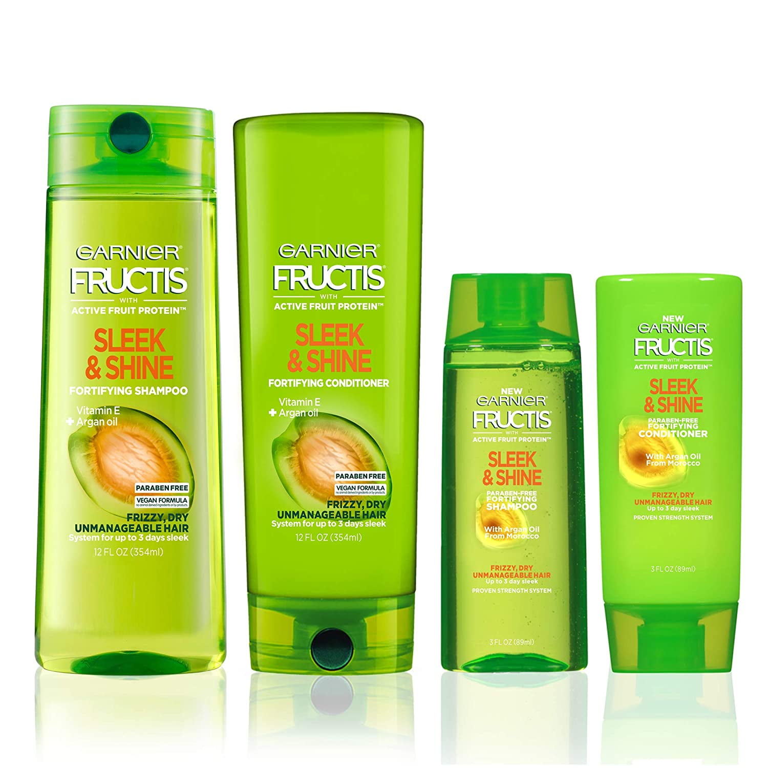 Hair Care Fructis Sleek & Shine Shampoo and Conditioner, For Frizzy, Dry  Hair, Made with Argan Oil from Morocco, Paraben Free Formula, 1 Kit with  Full Size and Travel Size 
