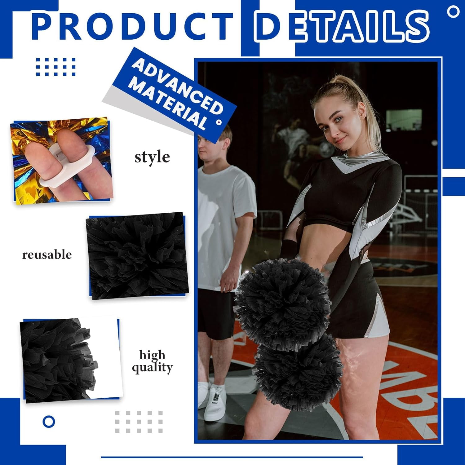Cheerleader Pom Poms 24 Pack Sports Dance Cheering Plastic Metallic Cheerleading Pom Poms for Kids Adults-Ring Style