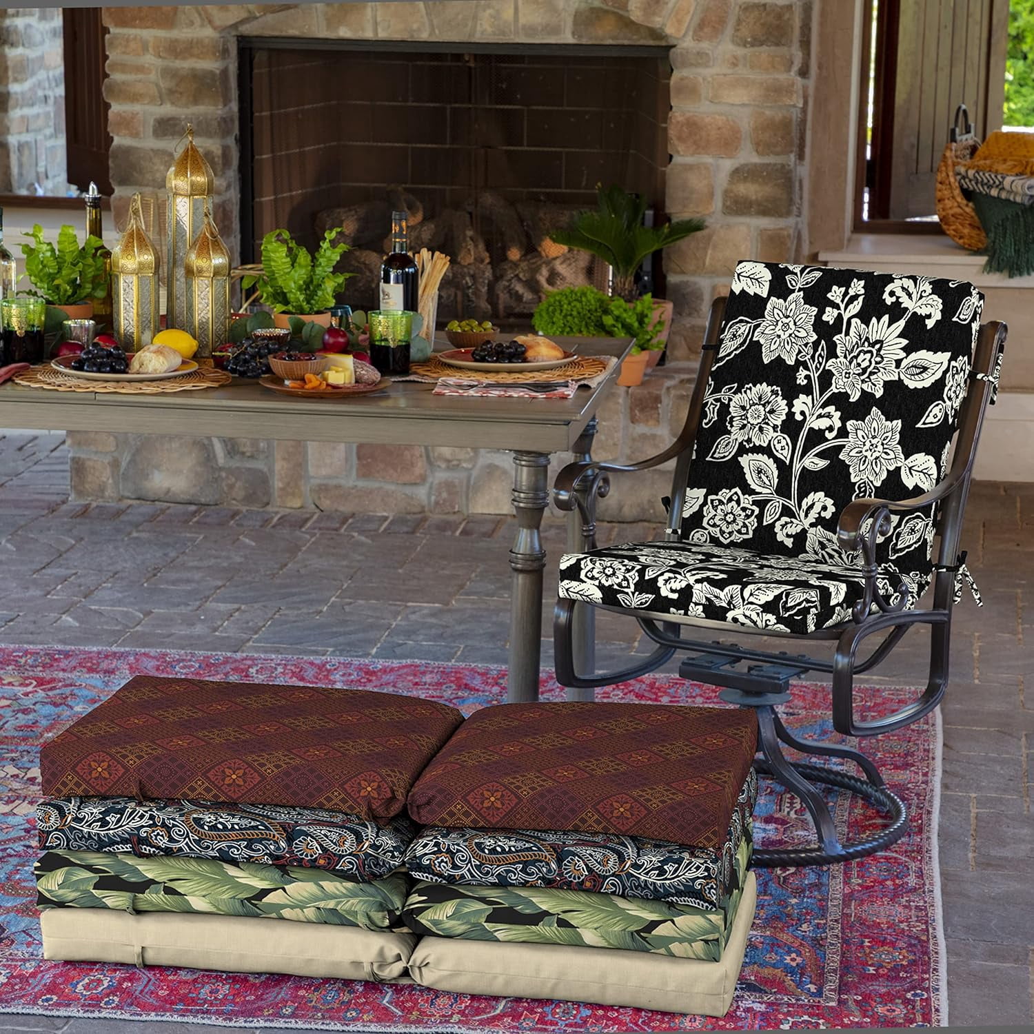 Arden 4-Pack Outdoor Patio Dining Chair Cushion, 20x44, Rain-Proof Seat Pad, Fade-Resistant Outdoor Cushion Ashland Black Jacobean