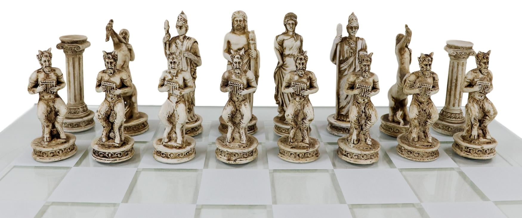 Ebros Olympus At War Greek Olympian Deities Resin Chess Pieces W/Glass Board Set