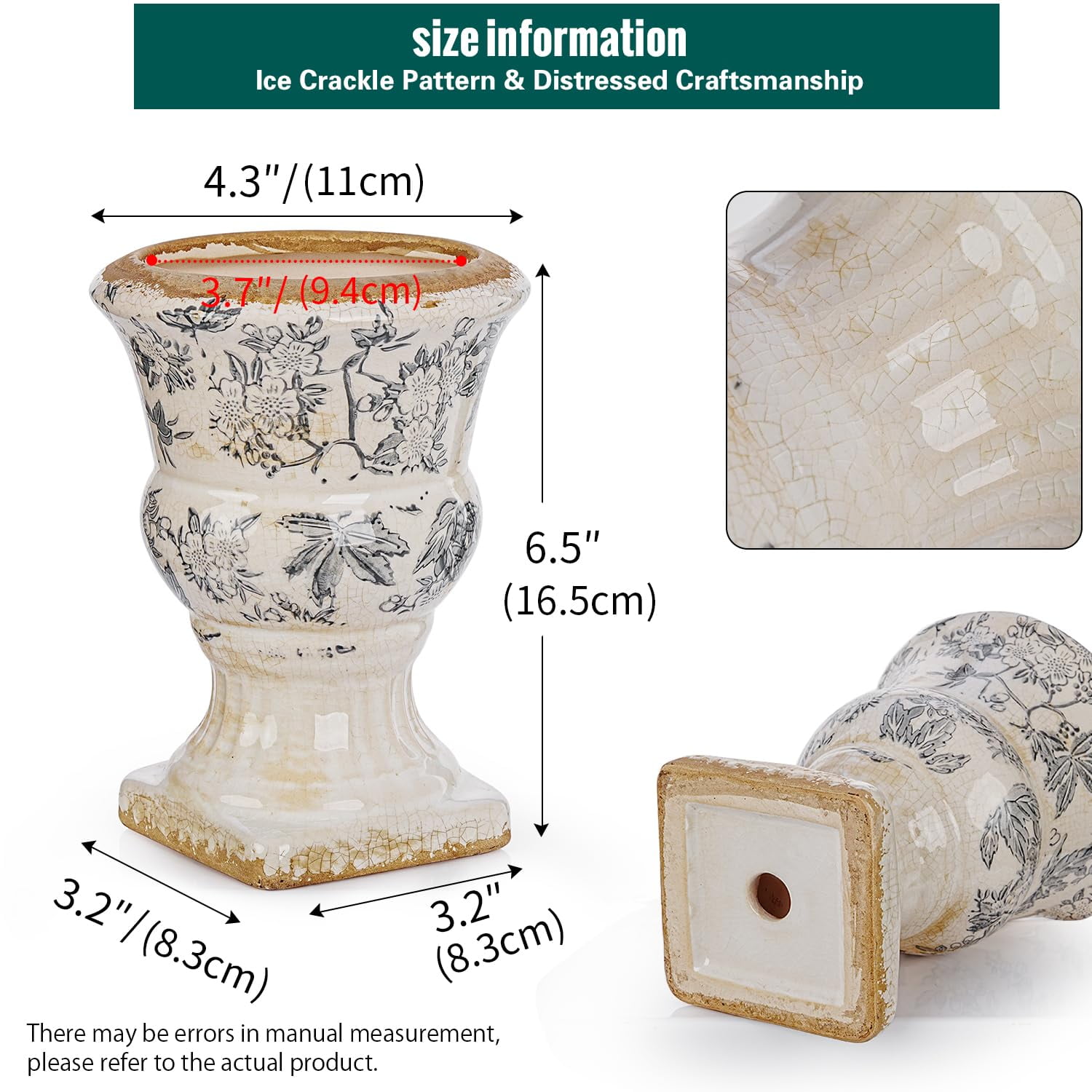 Sungmor Small Ceramic Urn Planter - Grey Scroll Floral Pedestal Flower Pot, Decorative Vintage Chinoiserie Style Planters, Tuscan Accent Vase Indoor Outdoor Plant Holder with Drainage