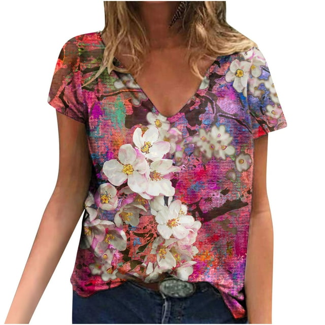 Hauts d'Été pour Femmes Manches Courtes Femmes Blouse d'Été Imprimée T-Shirts Décontractés Col en V Manches Courtes T-Shirts Hauts