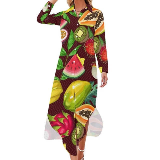 Robe en Chiffon Imprimé Fruits Jaune Citron Robes Mignonnes Femmes Manches Longues Style Rue Col en V Motif Robe Décontractée Surdimensionnée