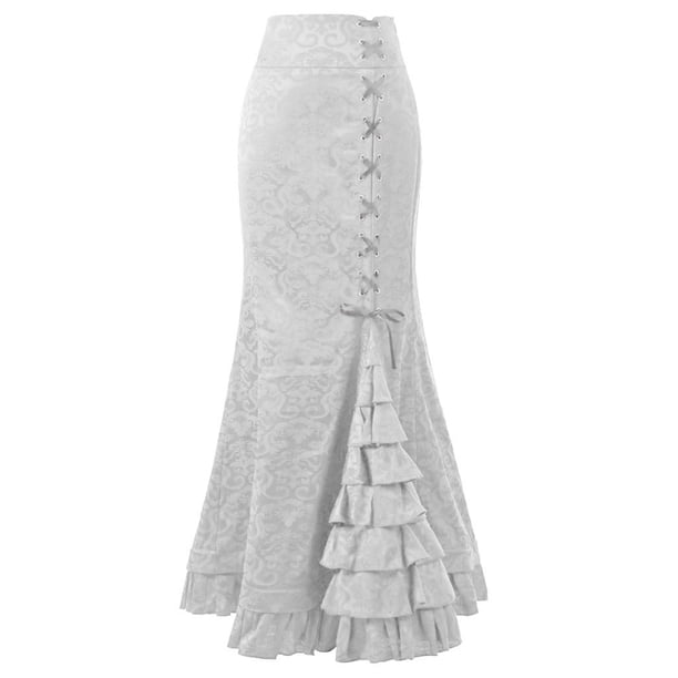 Falda larga retro con volantes y corte en forma de cola de pez para mujer - Diseño vintage ajustado - Tejido de poliéster - Tallas S-XXL