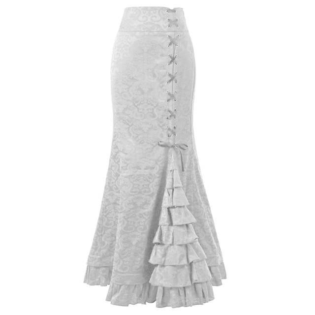 Falda larga retro con volantes y corte en forma de cola de pez para mujer - Diseño vintage ajustado - Tejido de poliéster - Tallas S-XXL