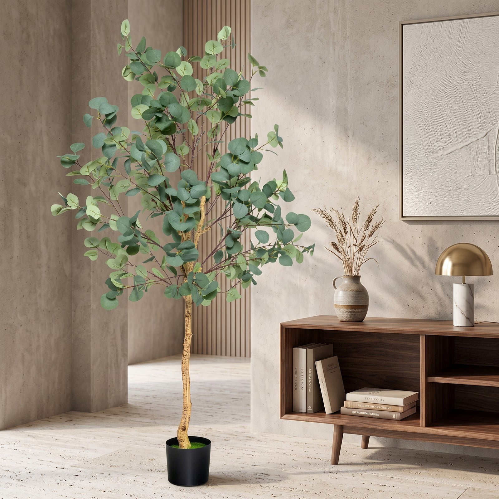 ALPULON 5.5 FT Artificial Eucalyptus Tree, Faux Silver Dollar Tree with 517 Leaves and Cement Pot, Tall Fake Plant for Indoor Home Office Living Room Corner, Green