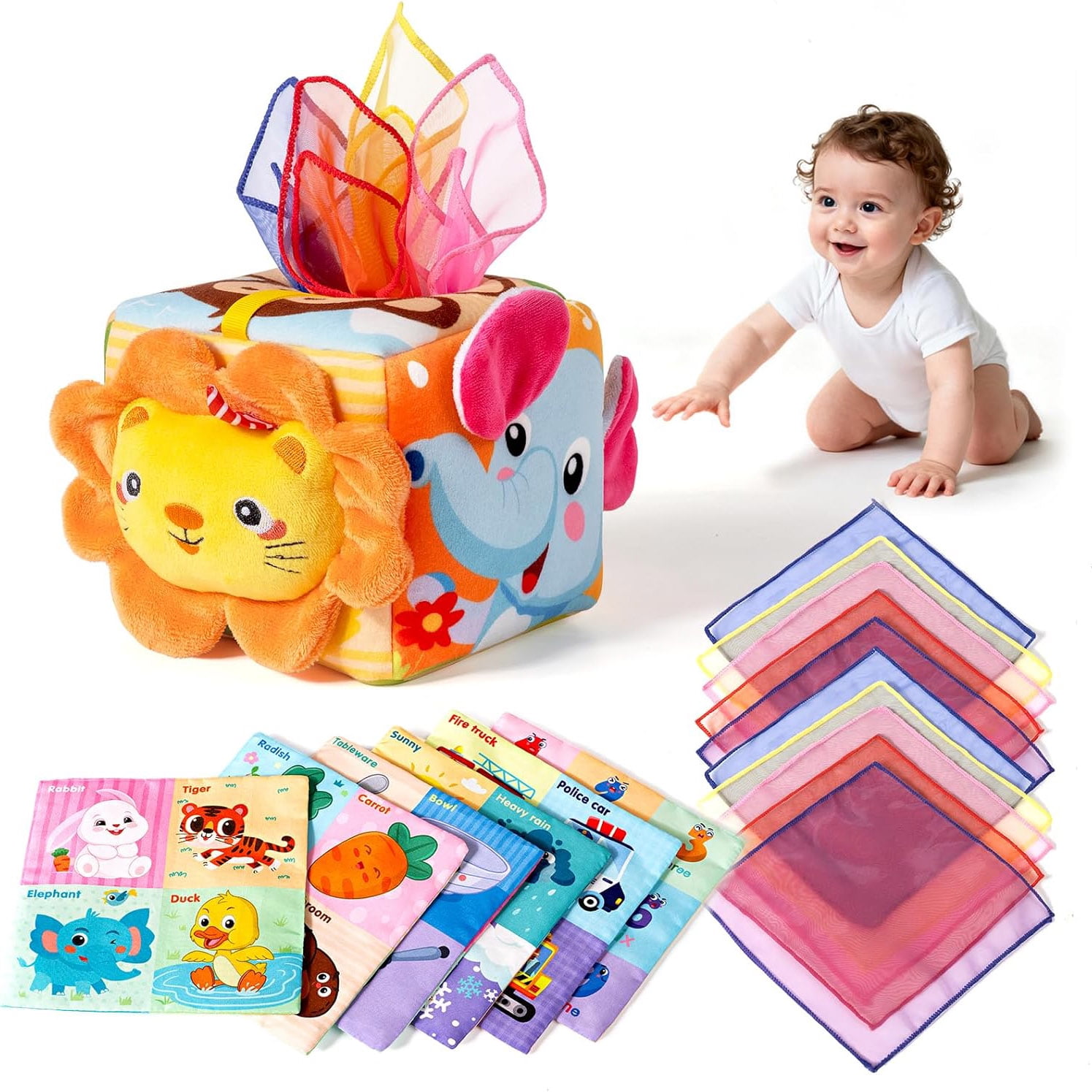 CYFW Baby Tissue Box Toy- Sensory Toys for 6-12 Months Infant,Baby Toys 6 7 8 9 Month-1 Year Old with 6 Crinkle Tissues&10 Scarves,Developmental Tissue Pulling Toy Boy Girl Birthday Gift