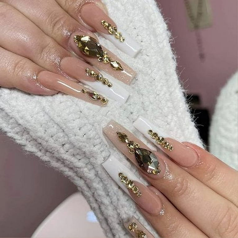 Clear Gold Foil Fake Nails with 3D Butterfly Rhinestones Ballerina Press On  Nail