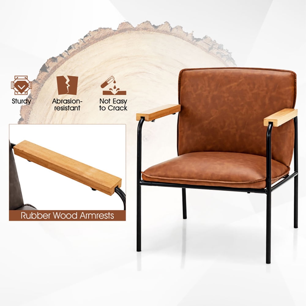 Finihen Upholstered Accent Armchair, PU Leather Accent Chair with Rubber Wood Armrests, for Living Room, Bedroom, Brown