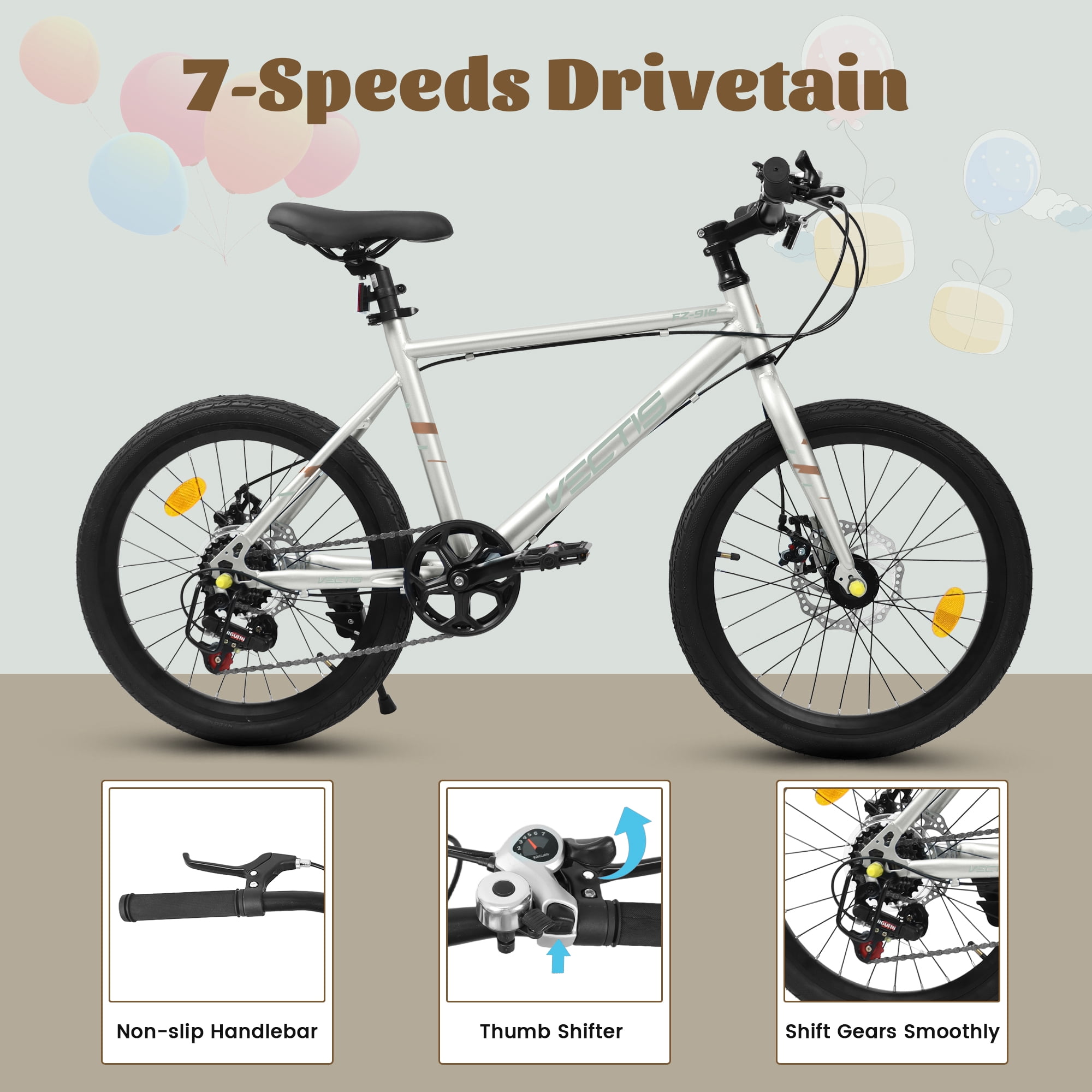 Aukfa 20" Kids Bike for Boys Girls,7-Speed Steel Frame,Dual Disc Brakes,Gray